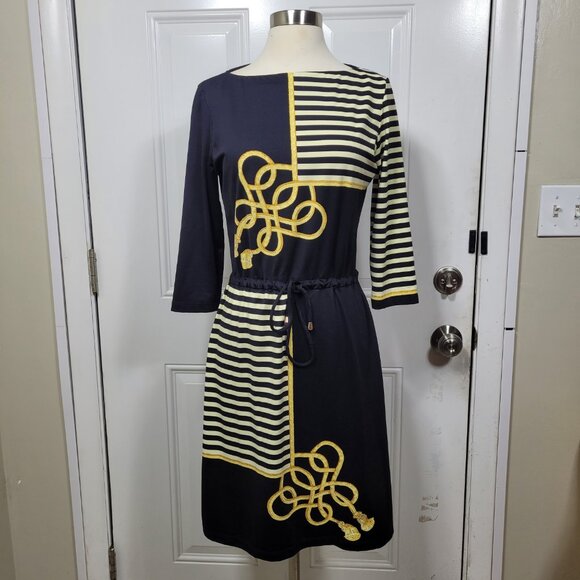 J. McLaughlin Black Gold 3/4  Sleeve Striped Drawstring Dress Size M - Picture 2 of 10